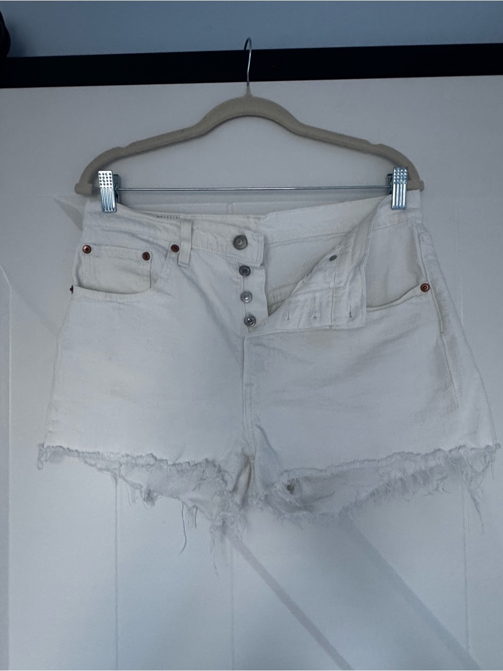 Levi's White Distressed Denim Cutoff Shorts
